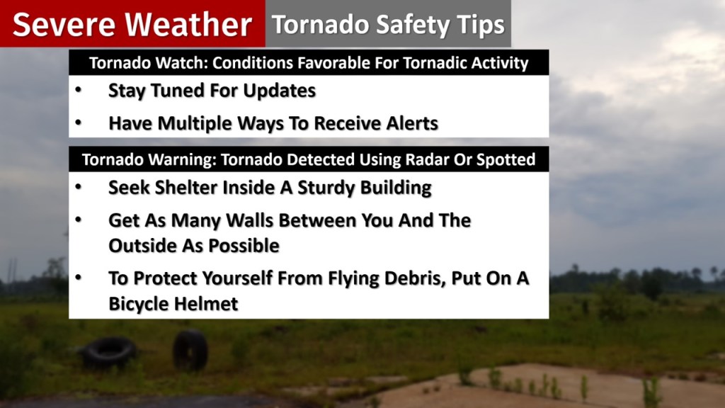 The difference between a Tornado Watch and Tornado Warning is explained and tips for each are given. In a Tornado Watch, stay tuned for the latest updates and have multiple ways to receive alerts/warnings. A Tornado Warning means a tornado has actually been detected using radar or spotted. Take action immediately by getting into an interior room of a sturdy building.