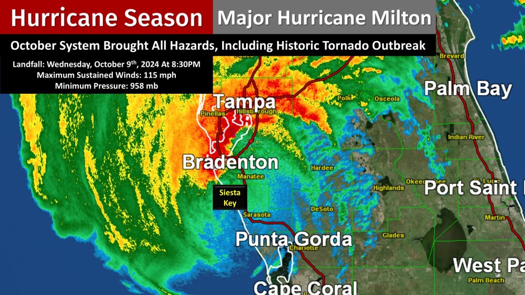 Details on and radar of Major Hurricane Milton at landfall on Wednesday, October 9th, 2024 at 8:30PM at Siesta Key. Max sustained winds were 115 mph and the minimum pressure was 958 mb. The Tampa area was getting some of the heaviest rain of anybody at time of landfall. It brought all hazards to parts of Florida, including a historic tornado outbreak, before landfall.
