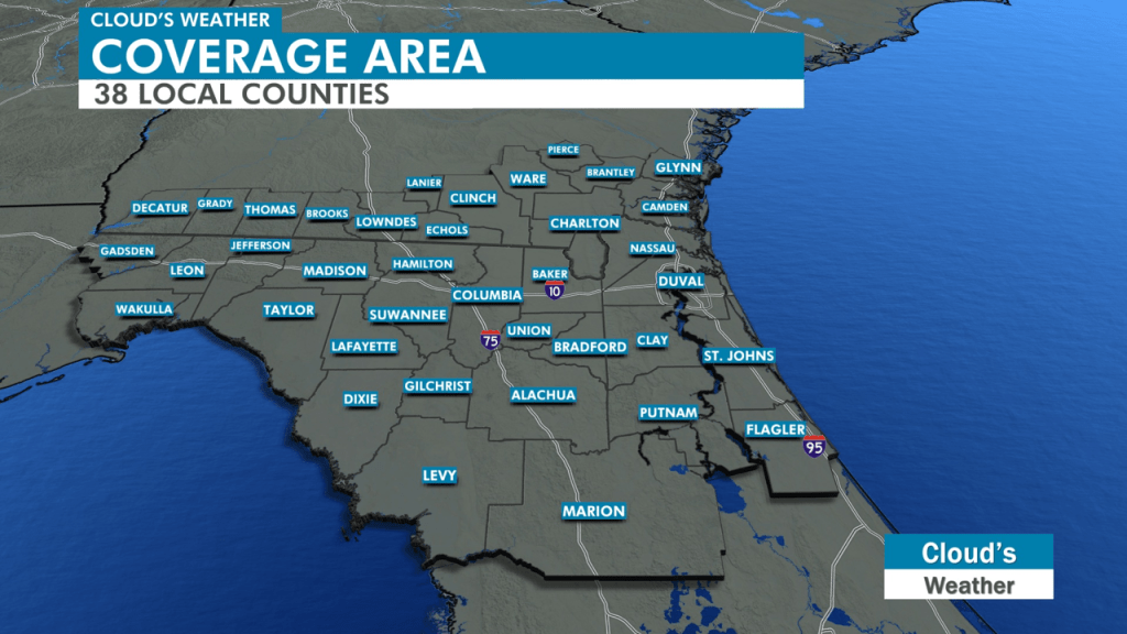 A map of the 38 counties in North Florida and South Georgia covered by Cloud's Weather.